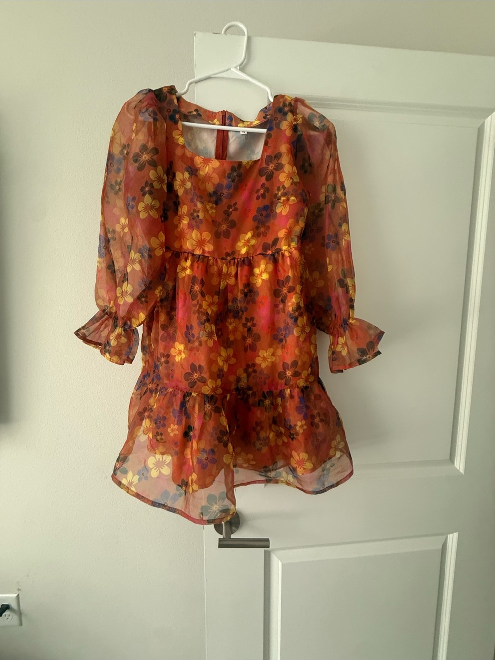 Women's Orange Floral Mini Dress with Puff Sleeves